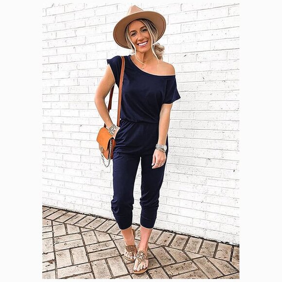 Women's Loose Solid Off Shoulder Elastic Waist Stretchy Navy - Picture 3 of 6